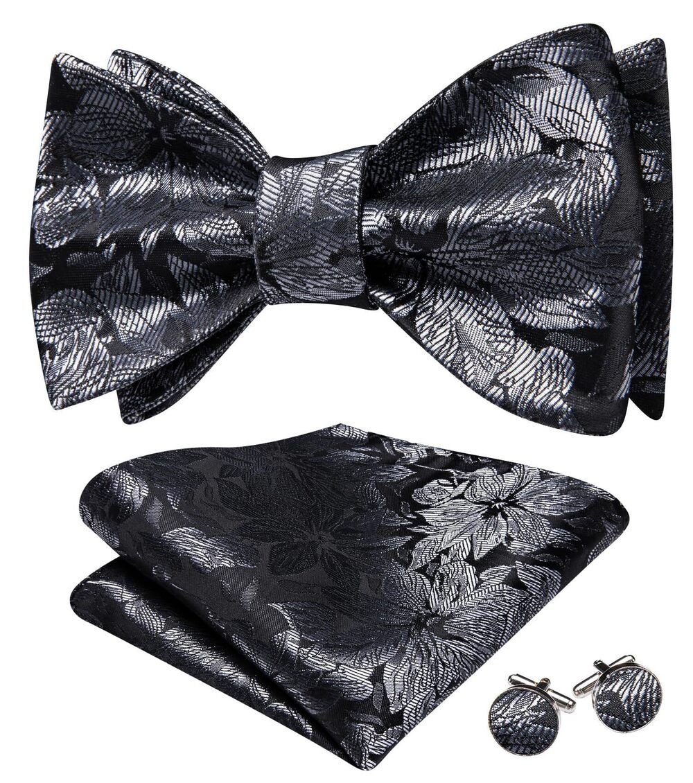9766 Self Tie Bow Ties Black and Grey Bow Tie and Pocket Square Cufflinks